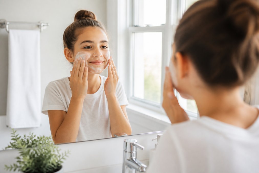 Young tween girl in a bright, clean bathroom standing at the sink, gently applying a creamy cleanser to her face with her fingertips, smiling at her reflection in the mirror with soft natural light from the window