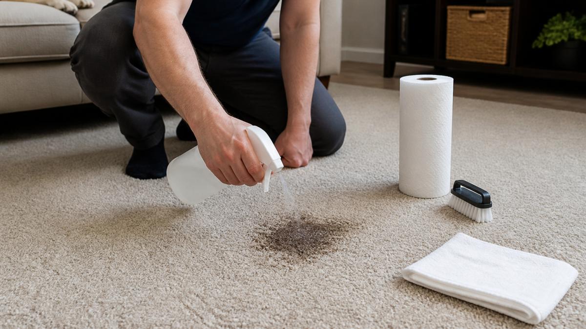 A person crouching on a carpeted floor, spraying a pet stain remover onto a visible dark stain, with a roll of paper towels and a scrubbing brush nearby in a bright living room