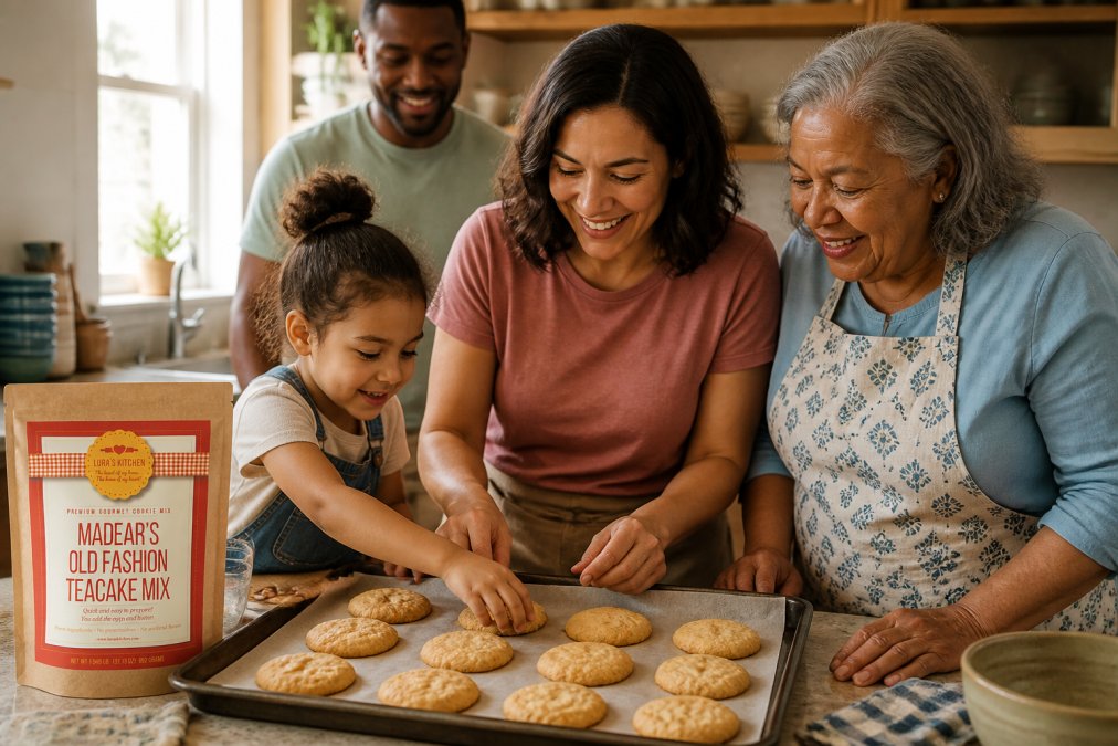 A multi-generational family, including a young child, middle-aged parent, and elderly grandparent of mixed ethnicities, gathered around a kitchen counter with freshly baked golden teacakes cooling on a parchment-lined baking sheet, warm sunlight streaming through the window