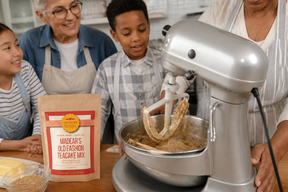 Close-up of hands using a paddle attachment on a stand mixer, with brown sugar and butter being creamed together, showing the texture change, with a diverse group of bakers of different ages and backgrounds visible in the background of a home kitchen
