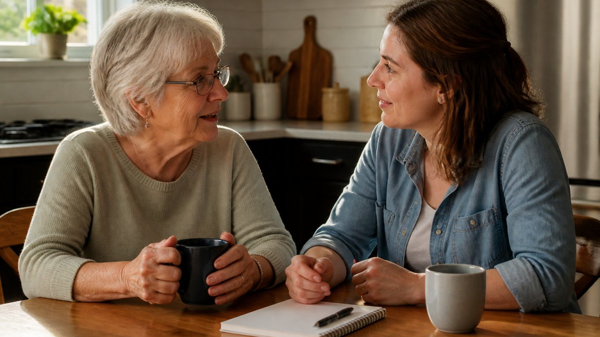An older parent and adult child sitting at a kitchen table with a notebook and two coffee mugs, talking openly in soft afternoon light