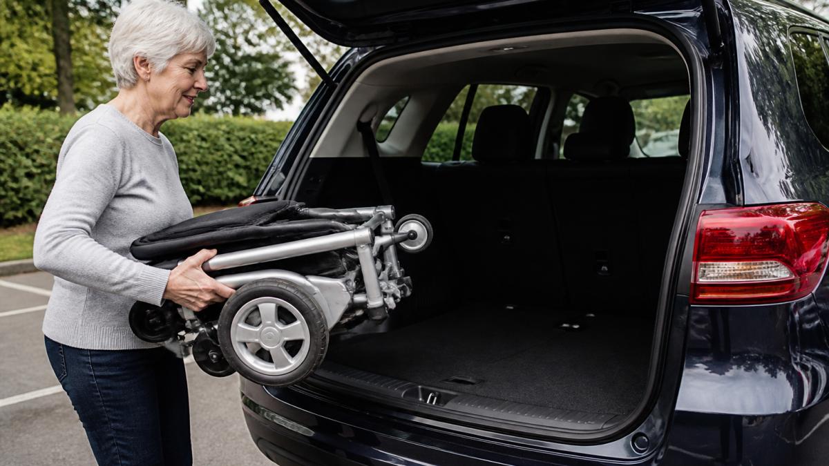 A woman in her 60s lifting a compact, silver folded powerchair into a car boot with both hands, the chair fitting neatly without folding the seats, natural daylight from the open boot