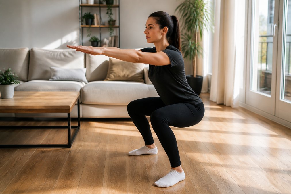 A person performing a bodyweight squat in a bright, tidy living room with wooden floors, wearing casual activewear, arms extended forward at shoulder height, demonstrating proper upright torso position and knee tracking