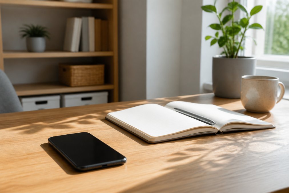 Workspace with smartphone face-down on desk, open notebook and pen nearby, minimal clutter, calm and organized environment with natural lighting