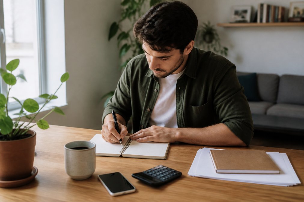 A freelancer working on a laptop at a clean desk, reviewing a notebook with budget notes beside a cup of coffee, natural light streaming in from a window