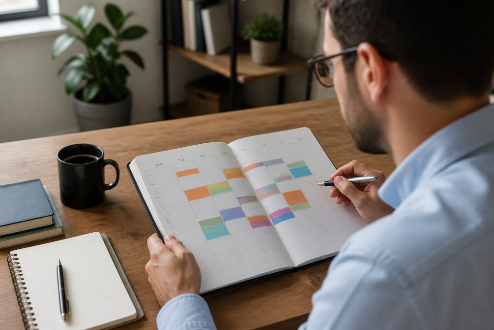 Professional at desk reviewing a weekly calendar planner with color-coded time blocks, coffee cup and notebook visible, natural office lighting