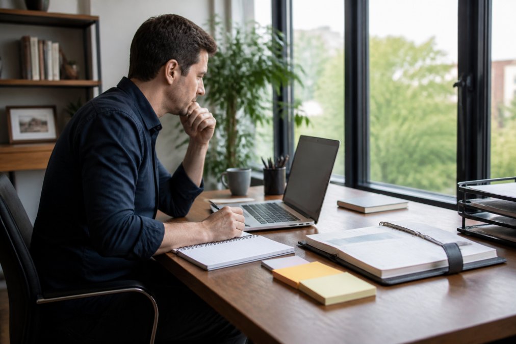 Busy professional working at laptop with multiple productivity tools open, organized workspace with task lists visible, natural office lighting