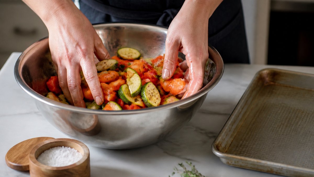 Hands tossing chopped carrots, zucchini, and peppers with oil and seasoning in a stainless steel mixing bowl