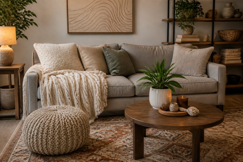 Cozy modern living room with layered textures featuring a plush throw blanket draped over a light gray sofa, decorative pillows in varying fabrics including boucle and linen, a chunky knit pouf as a footrest, and a warm-toned area rug anchoring the seating arrangement with soft warm lighting
