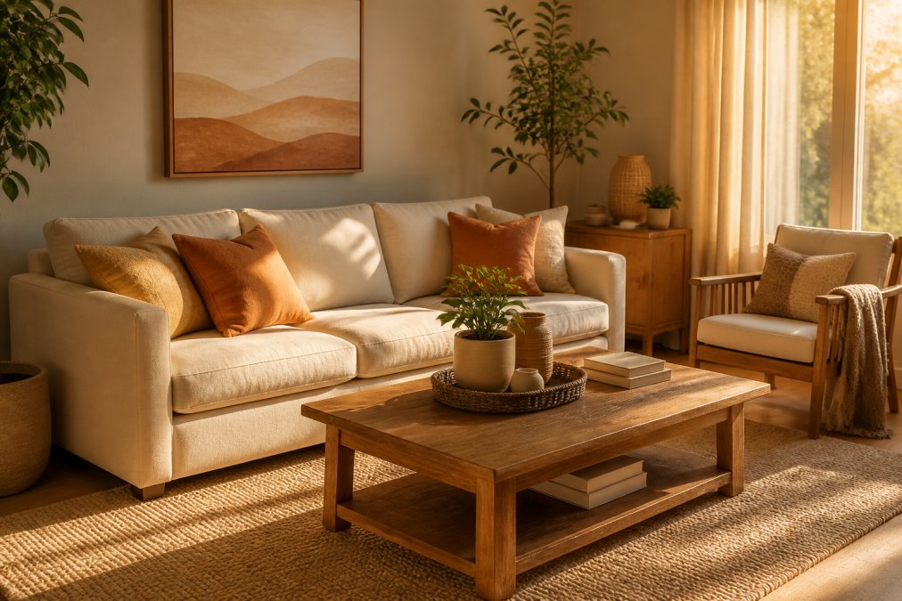 Modern living room featuring warm-toned natural wood furniture with honey undertones, walls painted in warm greige, cream-colored linen sofa, accent pillows in warm terracotta and soft gold, an area rug in warm neutral tones, and soft golden-hour lighting streaming through sheer curtains