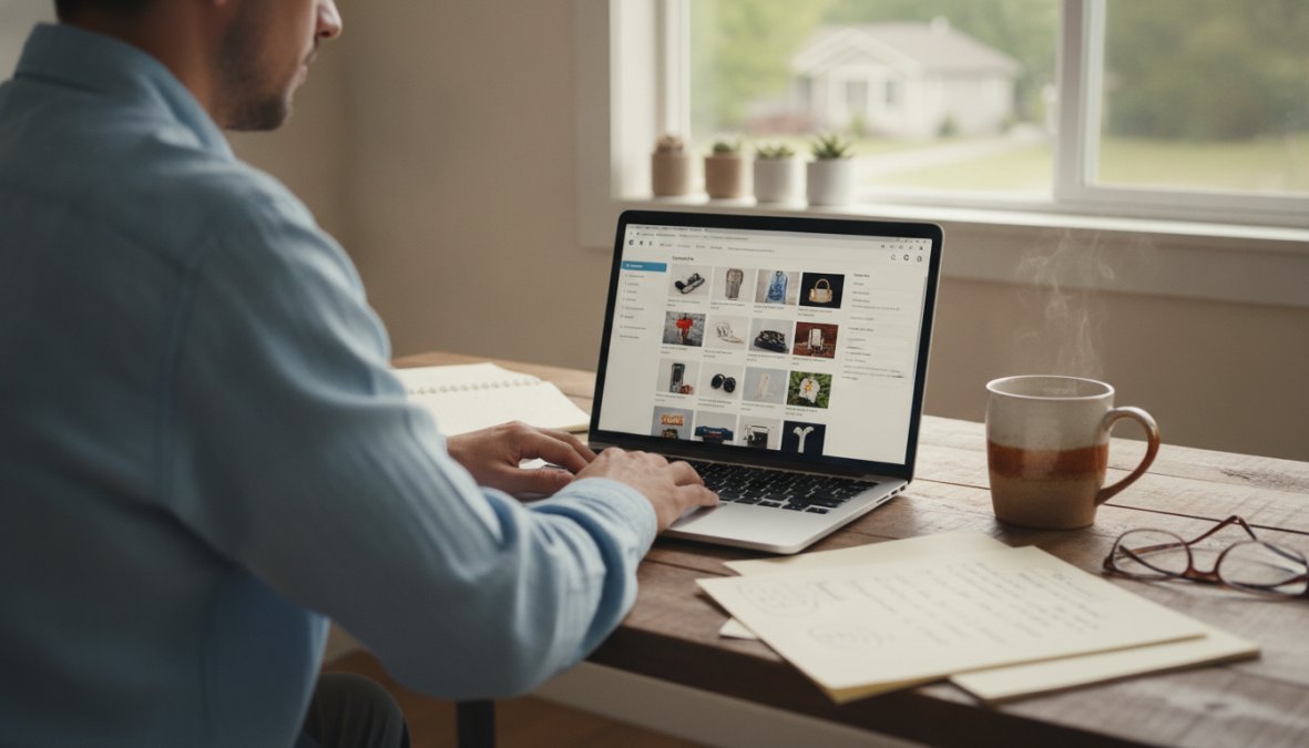 A person sitting at a bright home office desk with a laptop open showing an e-commerce product catalog dashboard with multiple product listings, handwritten notes beside the keyboard and a coffee mug nearby, warm natural light from a nearby window