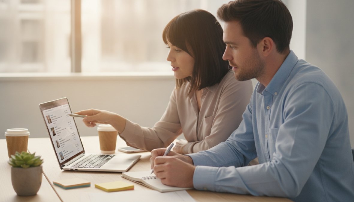 Two colleagues reviewing product listing content on a laptop screen together at a modern office desk, one person pointing at the screen while the other takes notes on a notepad, bright contemporary office environment with natural light