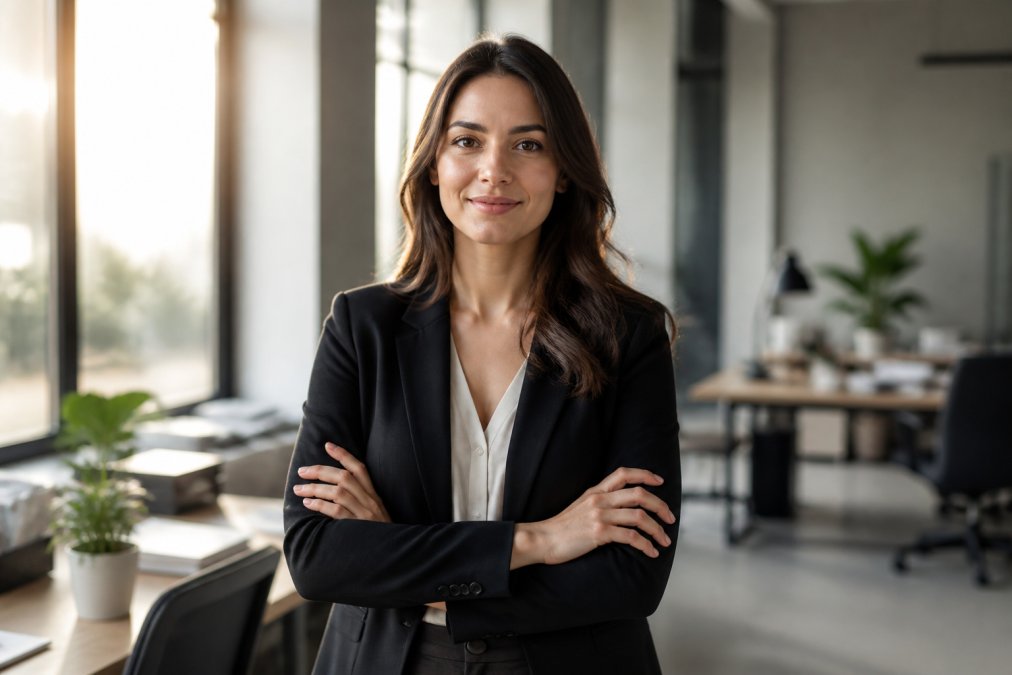 Professional woman standing with confident posture, shoulders back, making direct eye contact, in a modern office environment with natural morning light streaming through windows