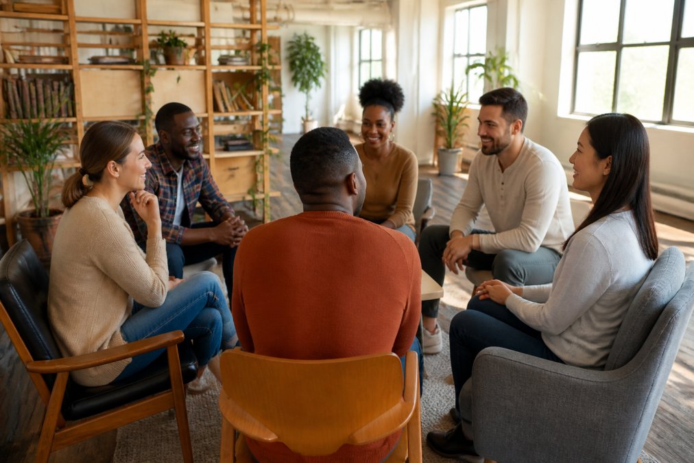 Diverse group of people having a genuine, engaged conversation in a warm, welcoming community space with natural light, smiling and leaning in toward each other