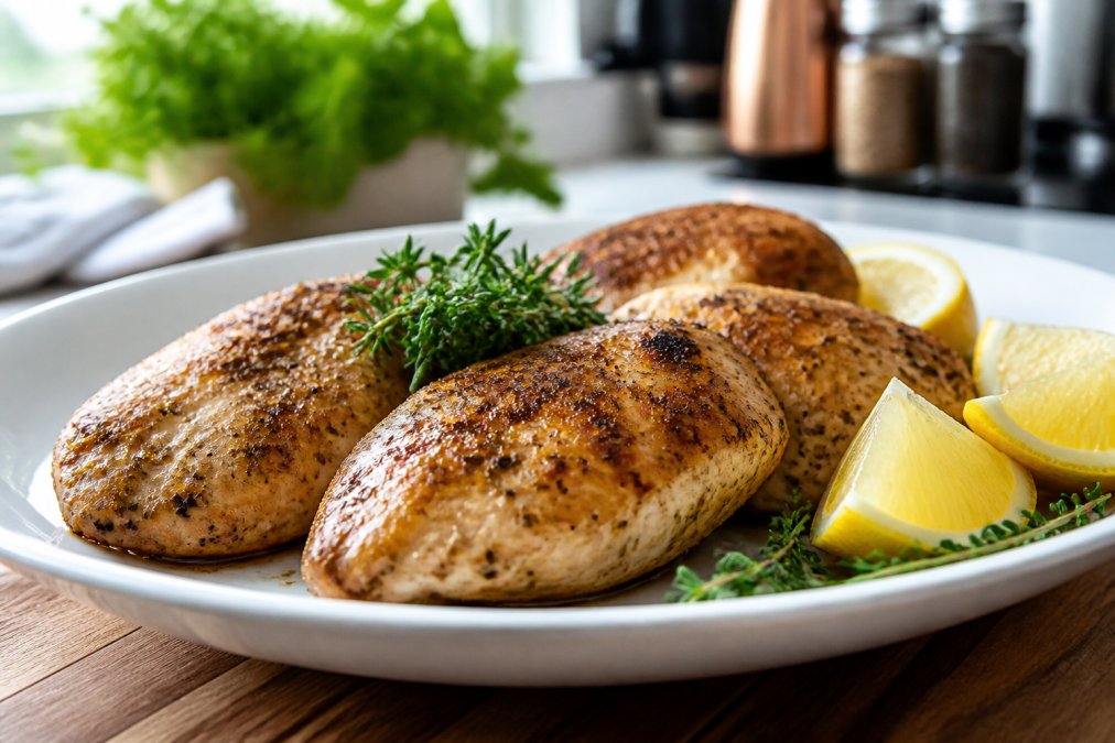 Golden-brown seasoned chicken breasts resting on a white plate with fresh lemon wedges and aromatic herbs garnishing the dish
