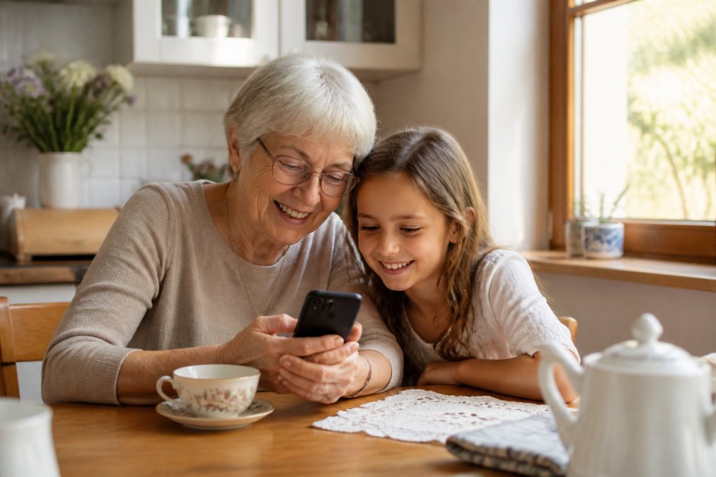 A grandparent and grandchild sitting together at a kitchen table, looking at a smartphone screen and smiling, with a cup of tea nearby and warm natural light coming through a window