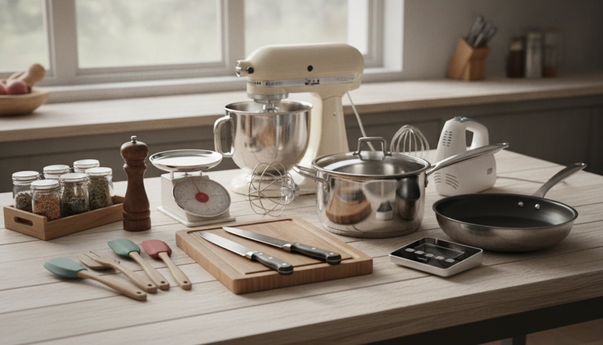 Close-up of organized kitchen counter displaying quality chef's knife, meat thermometer, cast-iron skillet, mixing bowls, and cutting board in natural morning light