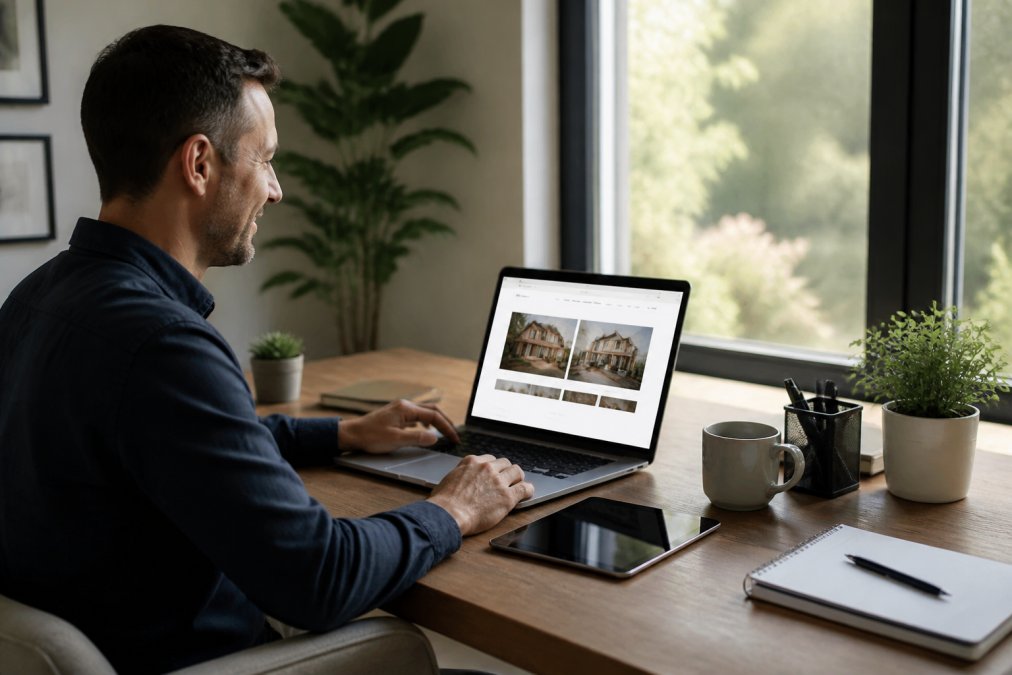 Small business owner sitting at a modern desk with natural window lighting, smiling whilst reviewing a newly built website displayed on their laptop screen