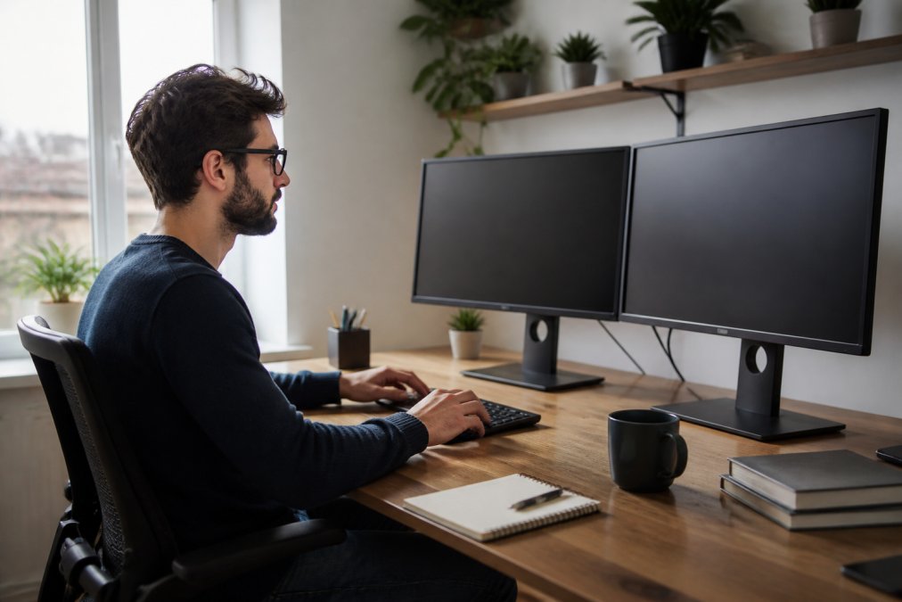 Freelancer sitting at a modern desk with dual monitors, natural light from a window, working efficiently on website design with a coffee cup nearby