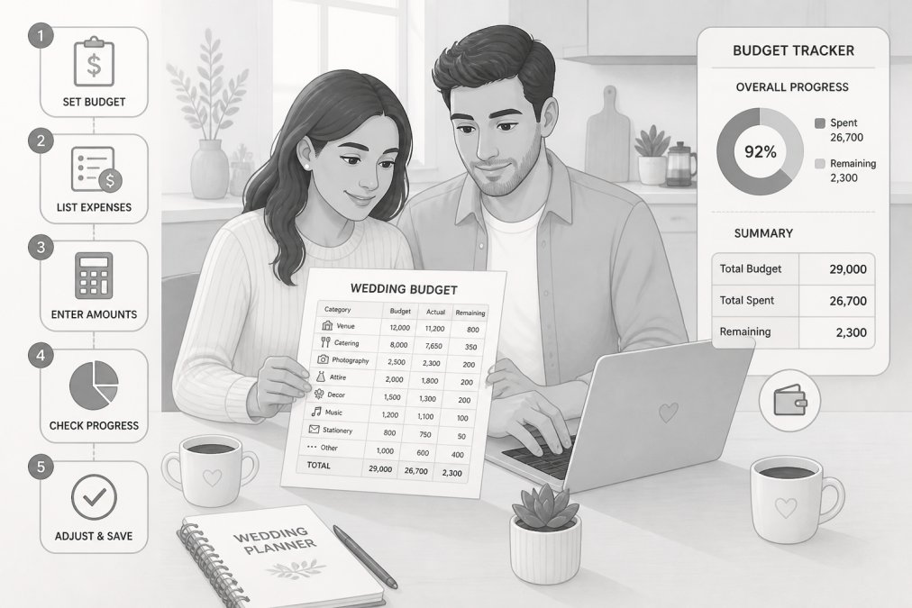 Engaged couple sitting together at a kitchen table, reviewing a printed wedding budget worksheet and typing notes into a laptop, coffee mugs nearby, warm natural light