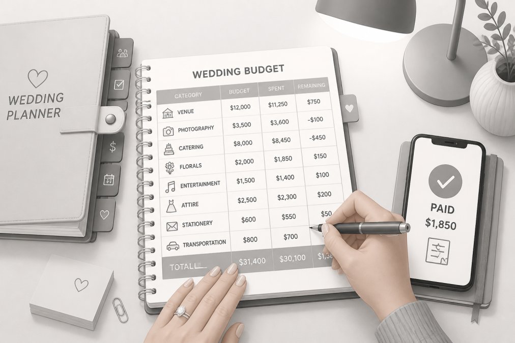 Close-up of a woman's hands writing budget figures in a planner notebook beside a smartphone showing a payment confirmation screen, soft desk lamp lighting