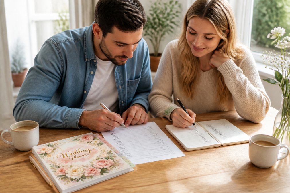 Engaged couple sitting at a wooden table with printed guest list and notebook, pen in hand, reviewing names and checking off RSVPs with coffee cups nearby and natural window lighting