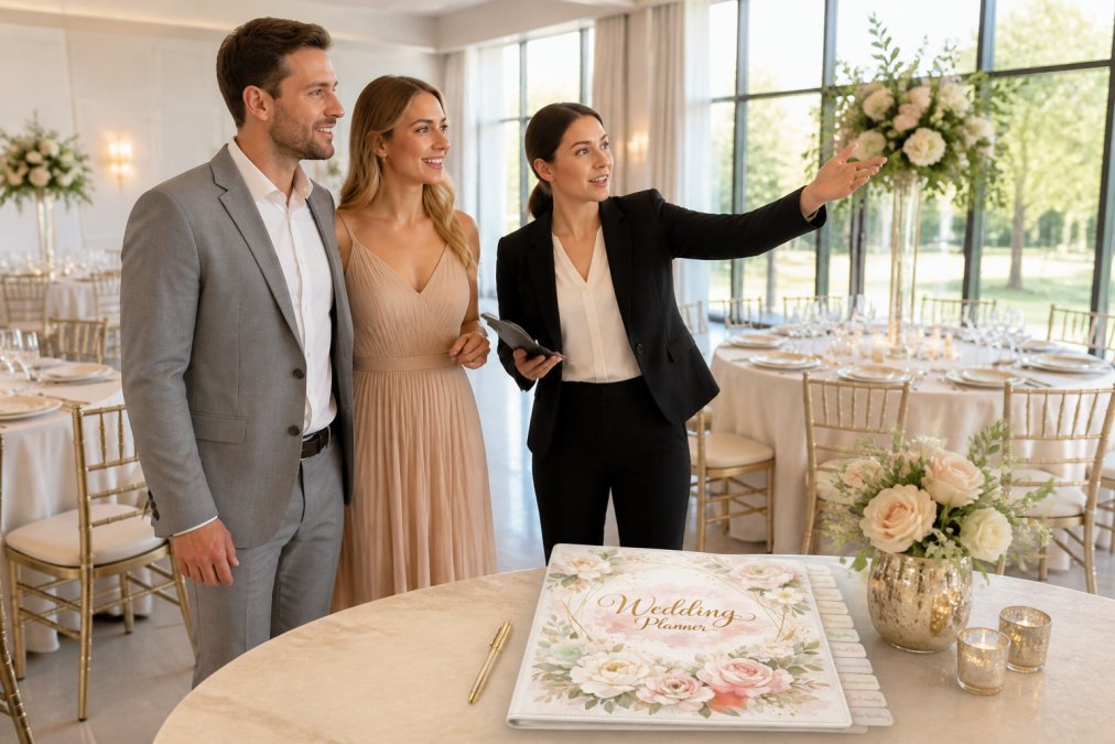 Engaged couple touring a decorated wedding venue reception space, walking with venue coordinator who is pointing out details and features, natural lighting through large windows