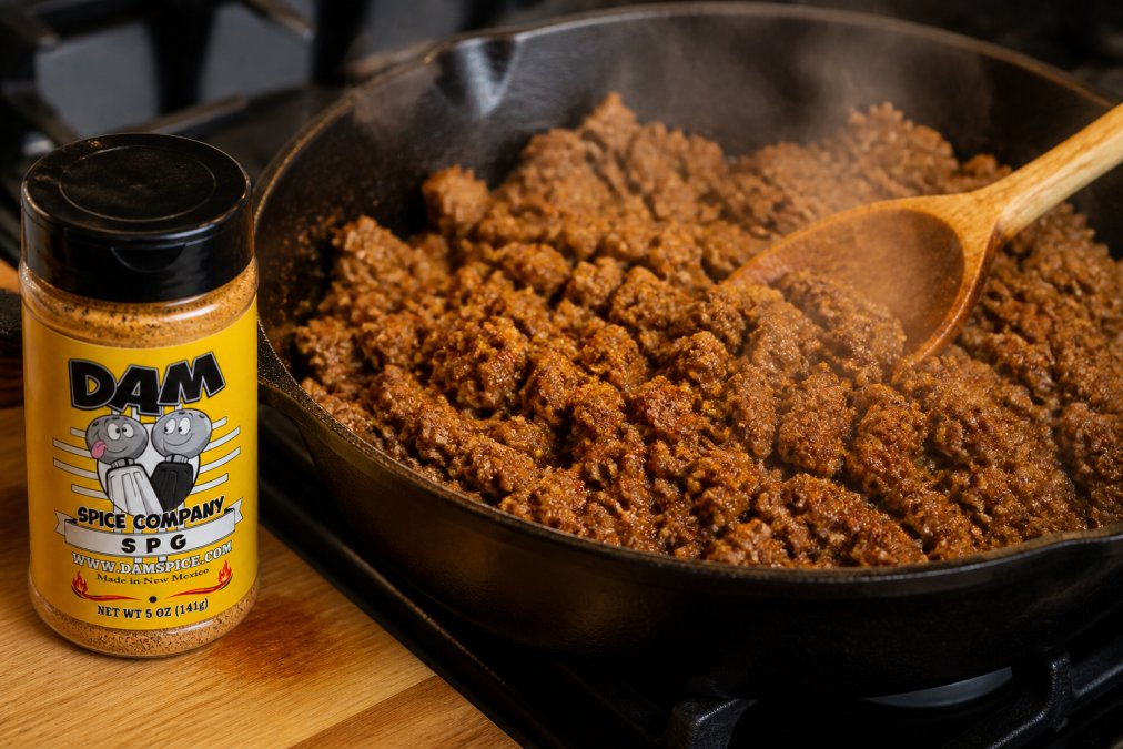Close-up of seasoned ground beef sizzling in a cast-iron skillet with a wooden spoon, steam rising, showing the rich brown color and texture of properly seasoned meat under warm kitchen lighting