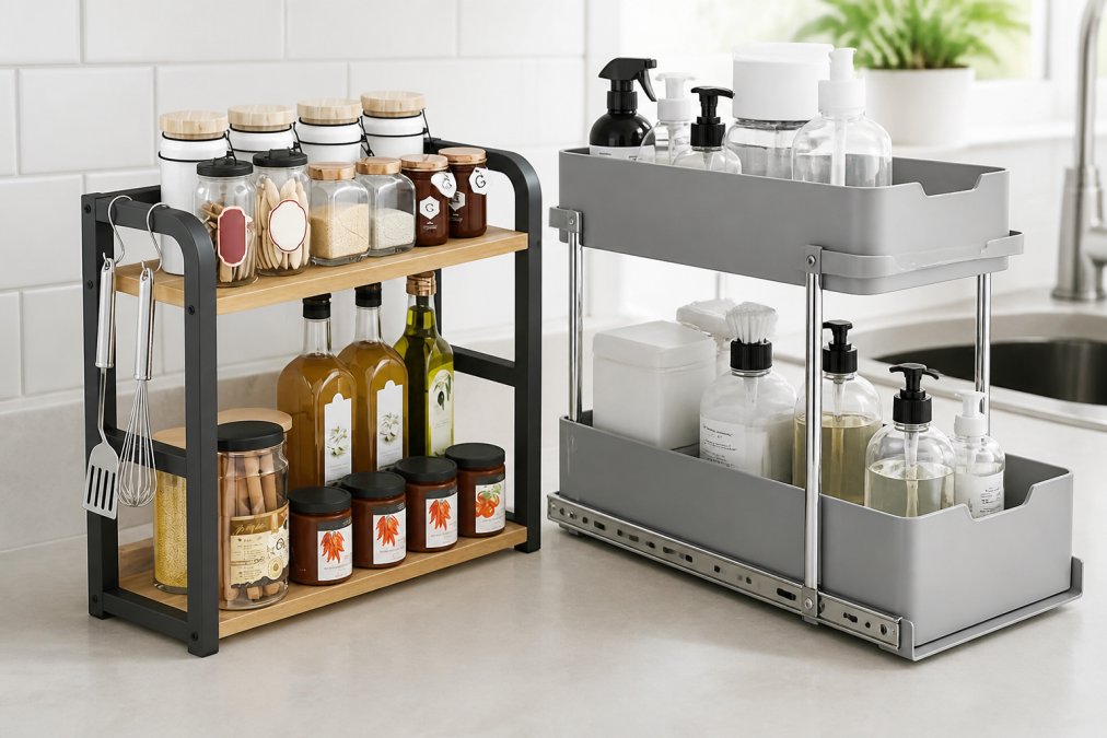Professional organizing under-sink cabinet with tiered pull-out drawers and labeled containers holding cleaning supplies and kitchen essentials in modern kitchen lighting