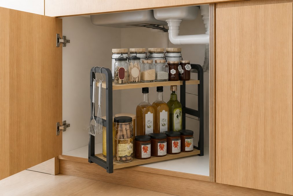 Close-up of organized under-sink cabinet with tiered pull-out sliding organizer, labeled containers holding cleaning supplies and dish soap bottles, with visible plumbing pipes integrated into the design