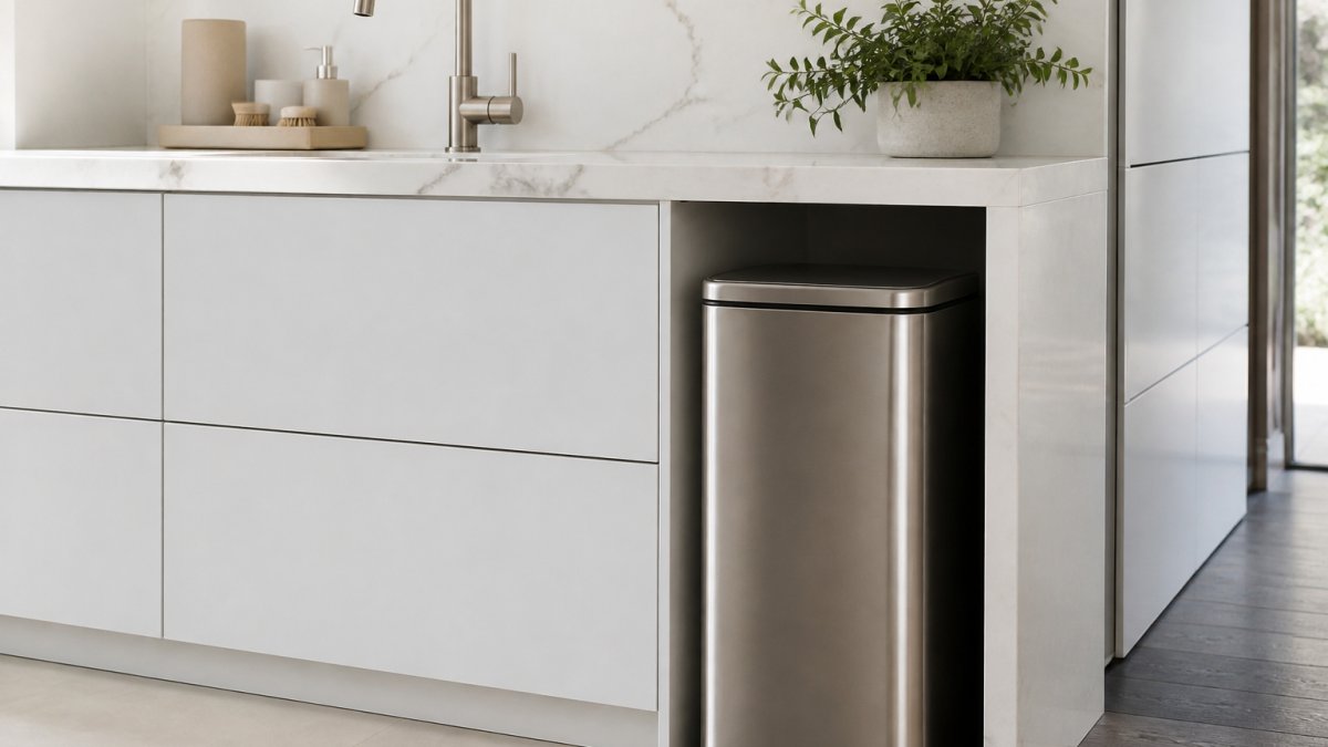 Modern minimalist kitchen counter with sleek stainless steel trash can beside sink, showing matte finish and contemporary design integration with white cabinetry and marble countertop