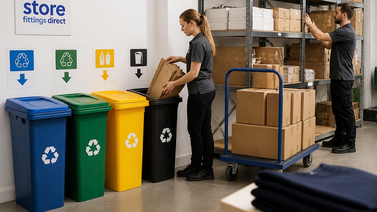 A bright retail stockroom with clearly labelled recycling bins lined against a wall, a staff member sorting flattened cardboard into one container while a colleague stacks goods nearby