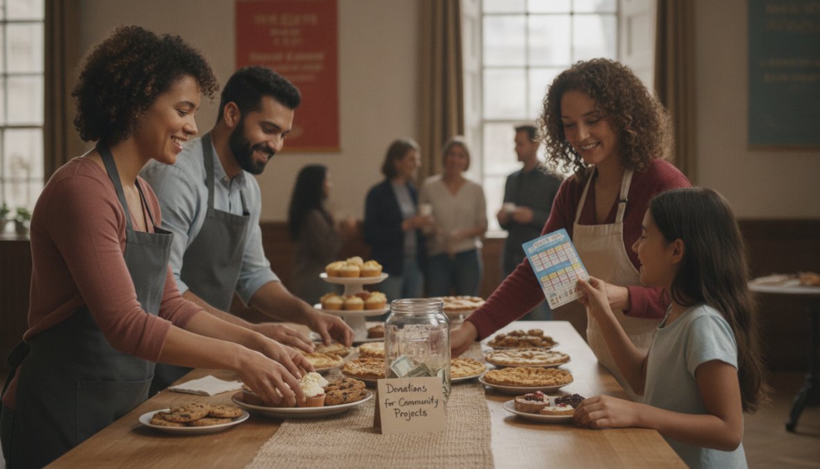 A diverse group of volunteers smiling while organizing a bake sale table with homemade goods and a donation jar in a community center