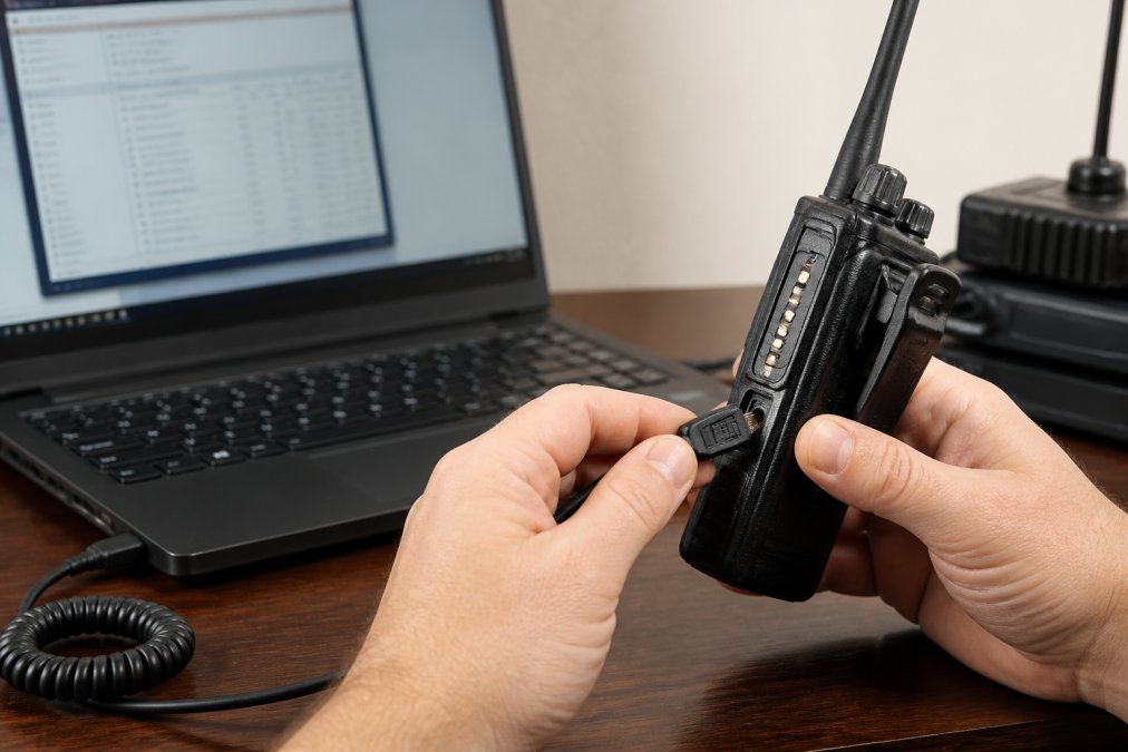 Hands connecting a USB cable to program handheld radios with software visible on a laptop screen