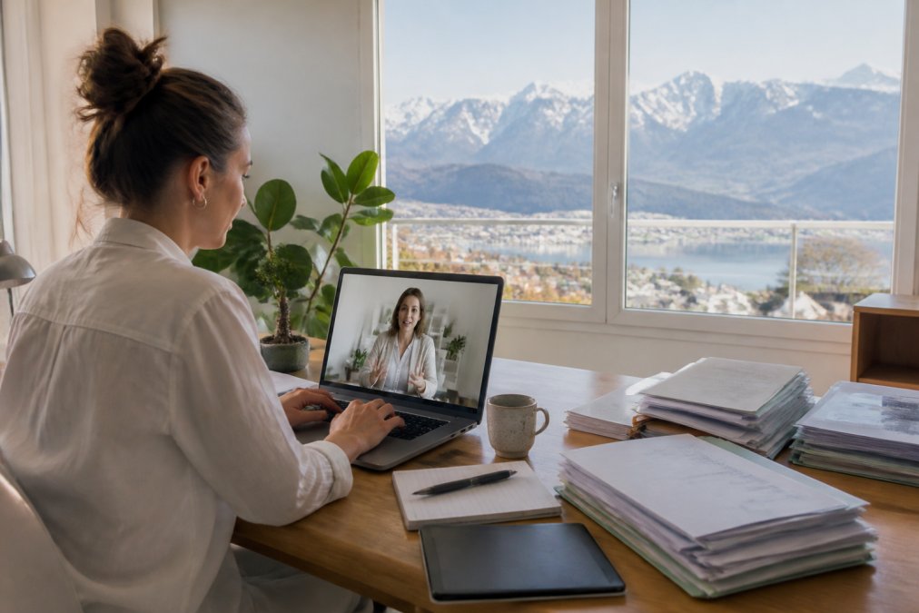 Eine Person sitzt in einem hellen Home-Office am Laptop, daneben liegen sortierte Steuerdokumente und ein Tablet mit einer Beraterin im Videocall, warmes Tageslicht, im Hintergrund die Schweizer Alpen