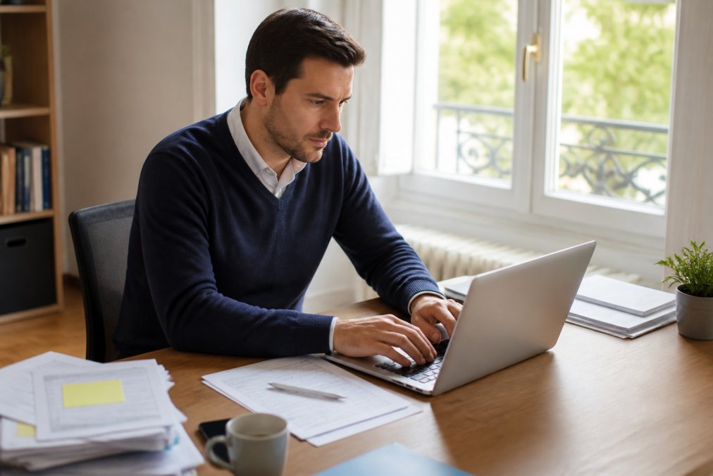 Person sitzt am Laptop und füllt ein digitales Steuererklärungsformular aus, mit Dokumenten und Kaffee auf dem Schreibtisch, natürliche Beleuchtung durch Fenster