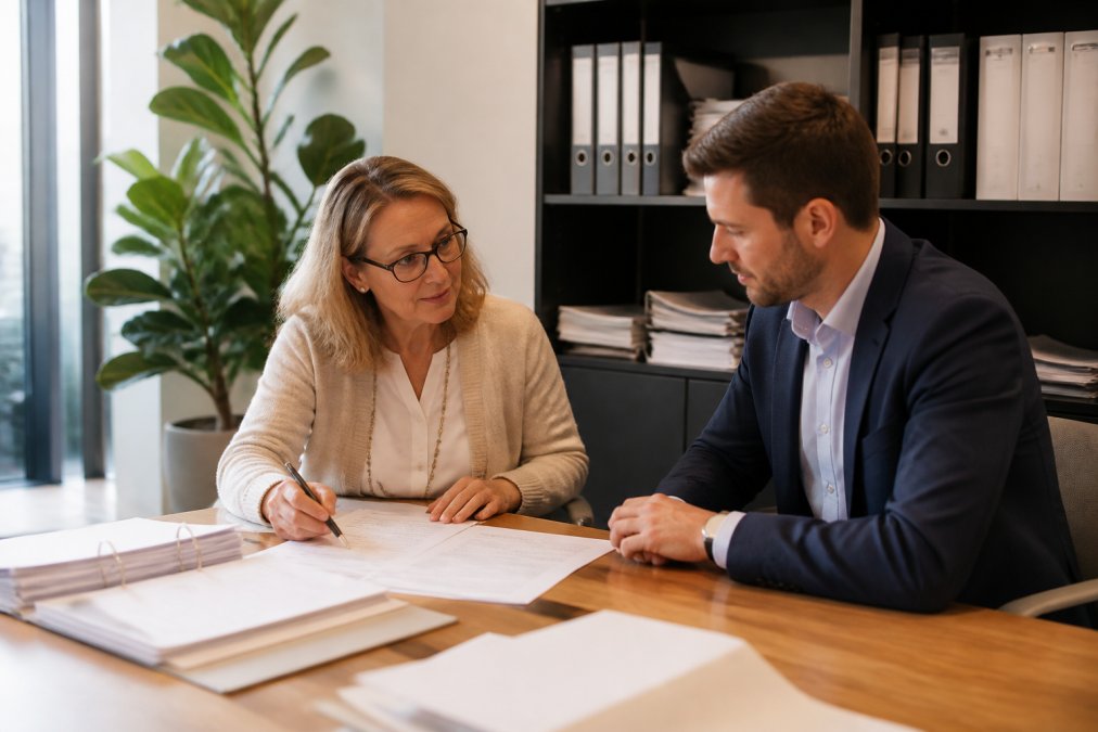 Steuerberater und Klient sitzen gemeinsam am Tisch und besprechen Steuerunterlagen und Abzüge, professionelle Büroumgebung mit Dokumenten