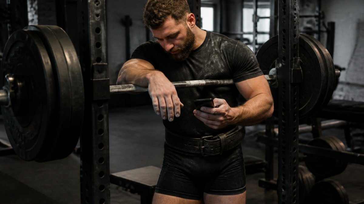 A powerlifter standing beside a loaded barbell on a squat rack, chalk dust on the bar, looking at a smartphone screen while logging a set in a dimly lit gym