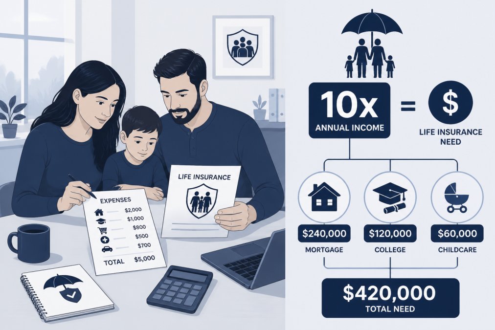 Parent with young children sitting at a table in a bright, modern home office, reviewing financial documents and insurance paperwork together, with a calculator and notepad visible