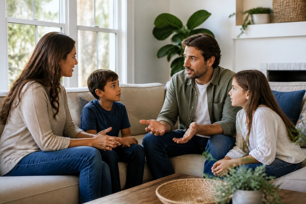 Family of four sitting together in a comfortable living room, engaged in conversation and discussion, with warm natural lighting coming through windows, discussing important family decisions