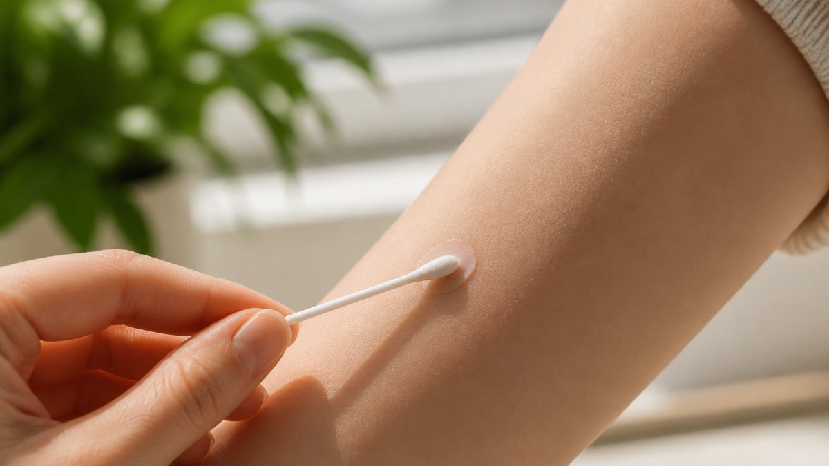Close-up of a person's arm showing a small patch of product being applied with a cotton swab to test for sensitivity, natural daylight illuminating the skin