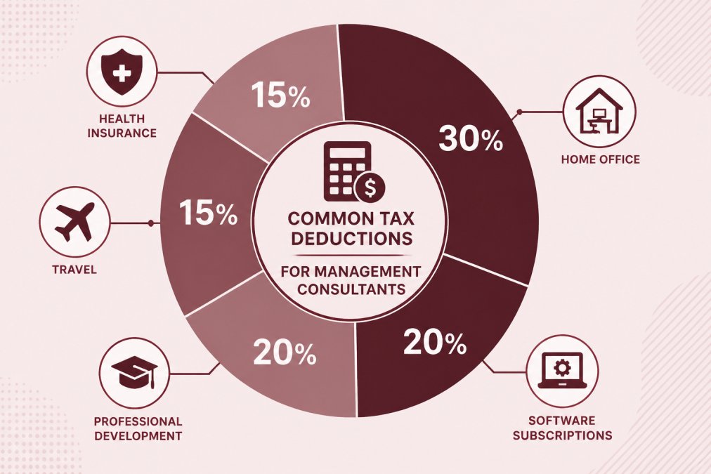 Pie chart showing common tax deductions for management consultants: home office, software subscriptions, professional development, travel, and health insurance