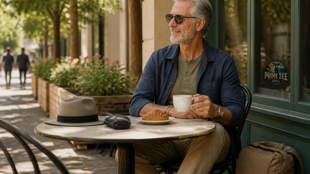 Traveler in casual, comfortable clothing sitting at a sidewalk café with a coffee, looking relaxed and put-together, natural afternoon light filtering through trees overhead