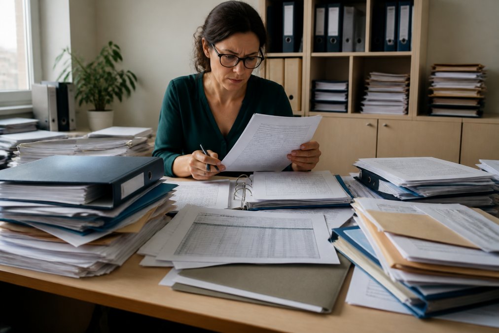 Responsable de formation consultant plusieurs dossiers papier et numériques sur son bureau, montrant des classeurs dispersés, des feuilles Excel imprimées et des documents administratifs en désordre sous un éclairage de bureau naturel