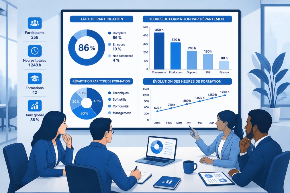 Équipe RH en réunion autour d'une table examinant un tableau de bord sur écran avec indicateurs de performance de formation, graphiques colorés montrant taux de participation et heures de formation par département, sous un éclairage de bureau