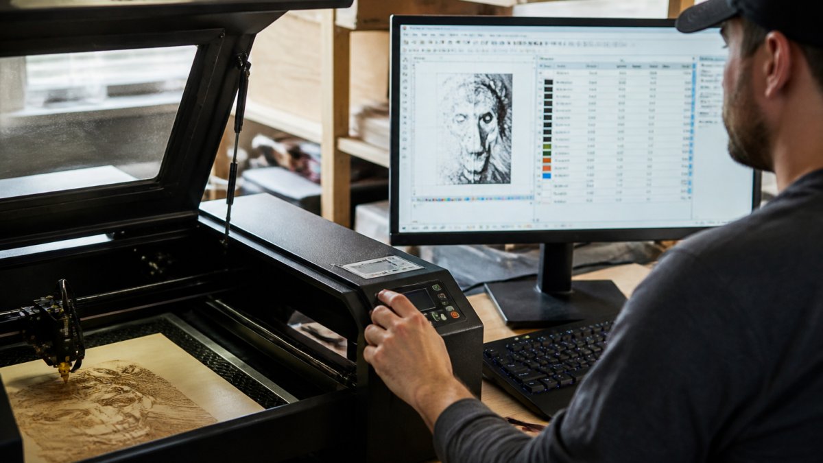 Infographic showing a professional laser engraving workflow with LightBurn software settings and material preparation steps.