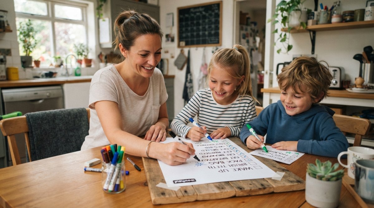 Parent and child looking at a colorful printed morning routine checklist on a kitchen wall, both smiling and pointing at tasks with markers in hand, natural sunlight streaming through window