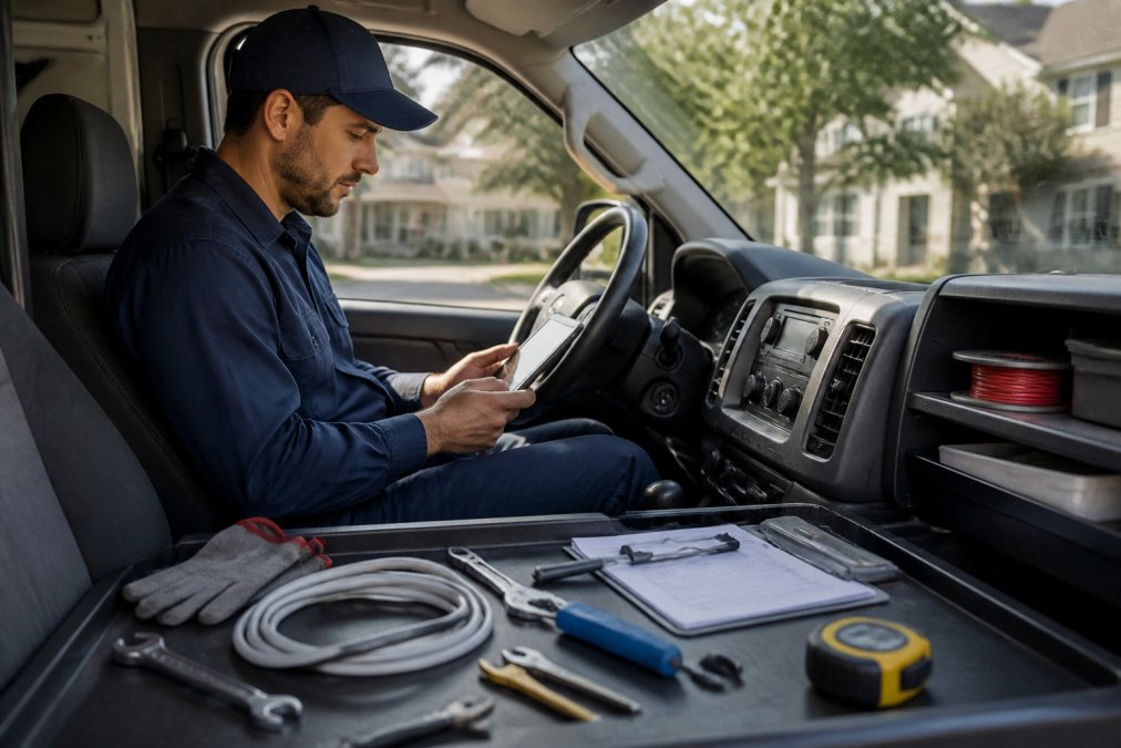 A field technician in a branded uniform checking a tablet inside a work van, with a residential street visible through the windshield