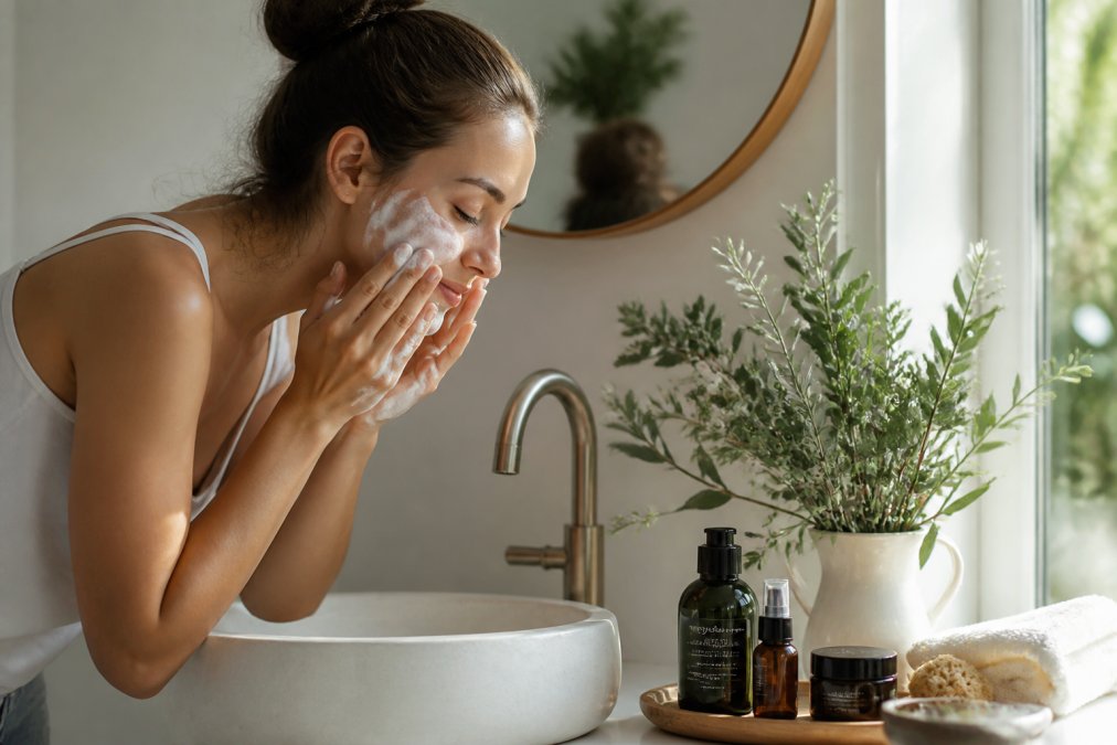 Process diagram showing steps for Woman for simplify beauty routine organic