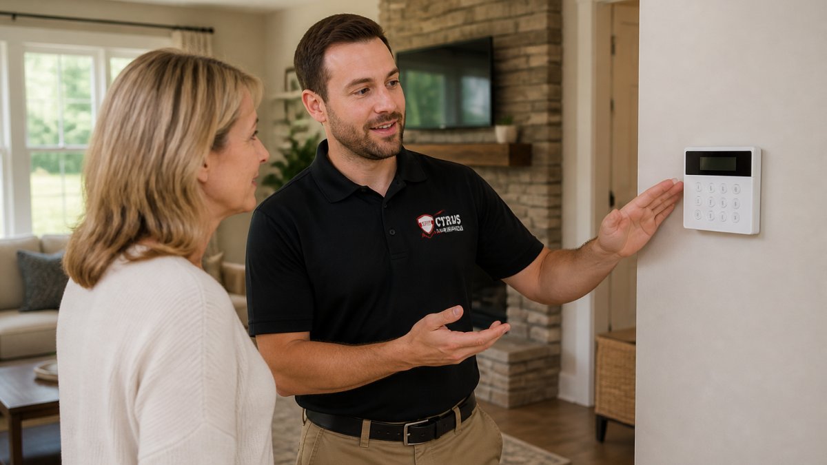 A friendly technician in a branded uniform explaining a wall-mounted alarm panel and smartphone app to a homeowner in a bright living room